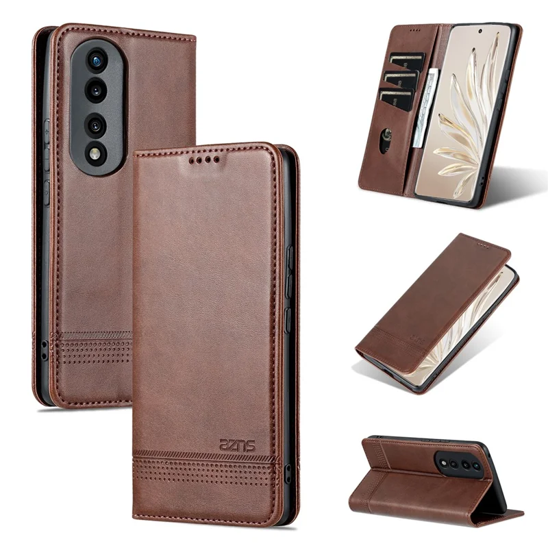 AZNS For Honor 80 Pro 5G PU Leather Wallet Phone Case Magnetic Auto Closure Cowhide Texture Viewing Stand Flip Cover - Coffee
