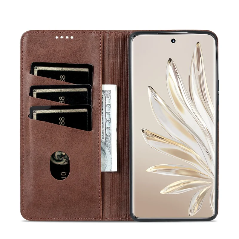 AZNS For Honor 80 Pro 5G PU Leather Wallet Phone Case Magnetic Auto Closure Cowhide Texture Viewing Stand Flip Cover - Coffee