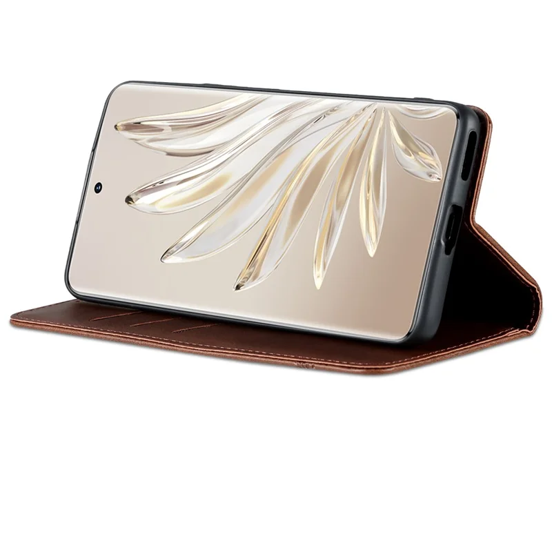 AZNS For Honor 80 Pro 5G PU Leather Wallet Phone Case Magnetic Auto Closure Cowhide Texture Viewing Stand Flip Cover - Coffee