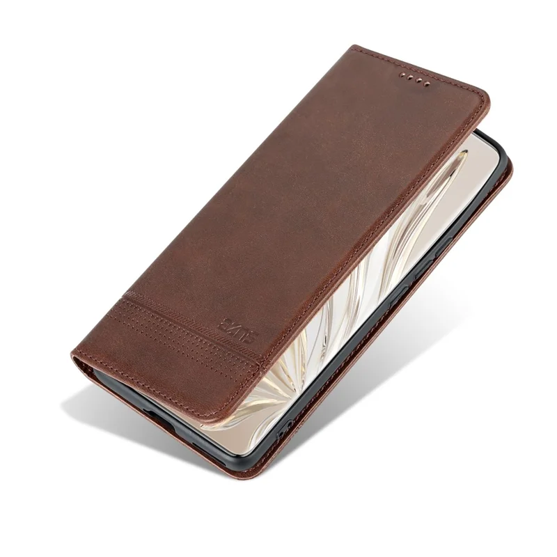 AZNS For Honor 80 Pro 5G PU Leather Wallet Phone Case Magnetic Auto Closure Cowhide Texture Viewing Stand Flip Cover - Coffee