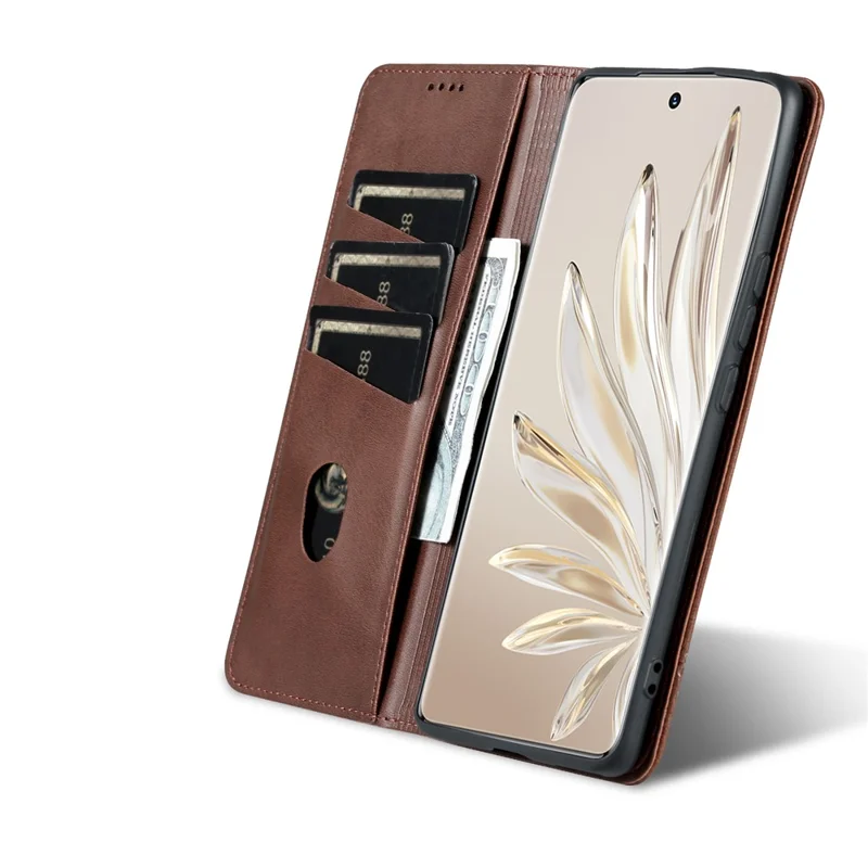AZNS For Honor 80 Pro 5G PU Leather Wallet Phone Case Magnetic Auto Closure Cowhide Texture Viewing Stand Flip Cover - Coffee