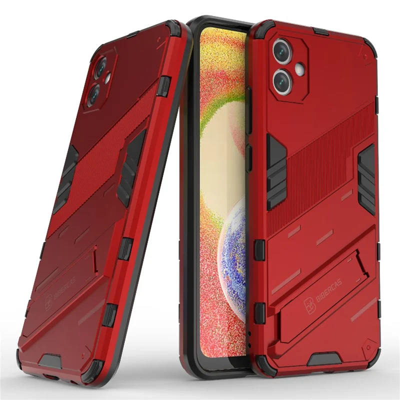 For Samsung Galaxy A04e 4G / F04 4G / M04 4G Shockproof Kickstand Case Soft TPU Hard PC Anti-fall Protective Phone Cover - Red