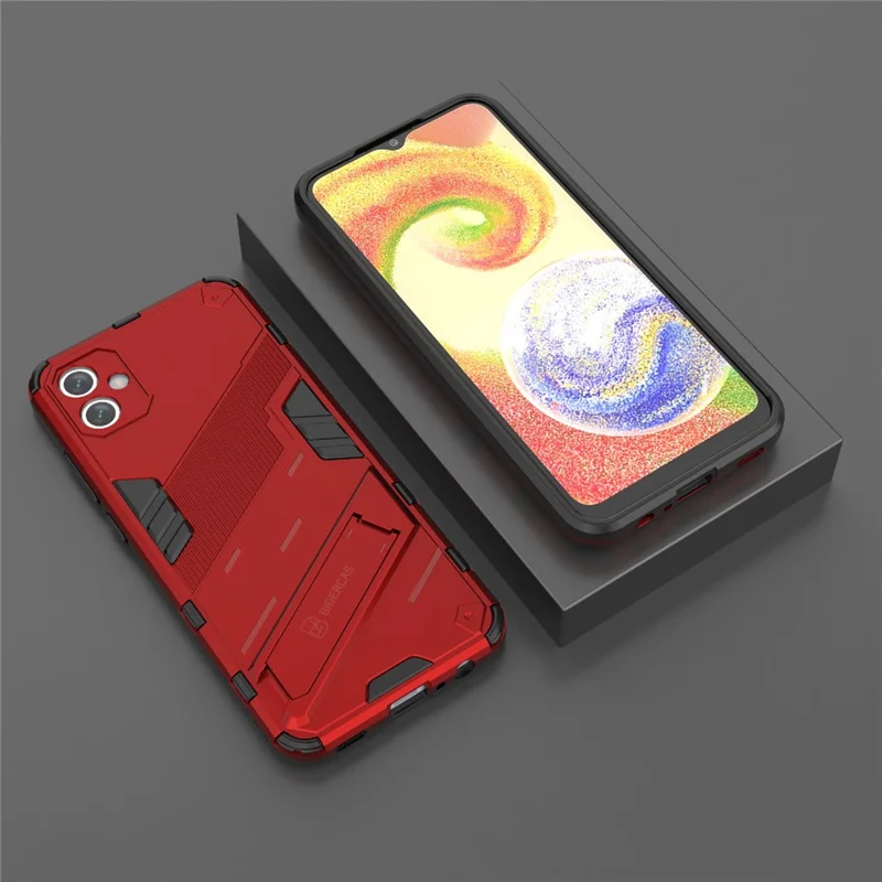 For Samsung Galaxy A04e 4G / F04 4G / M04 4G Shockproof Kickstand Case Soft TPU Hard PC Anti-fall Protective Phone Cover - Red