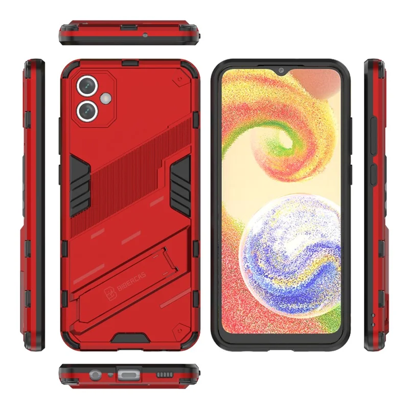 For Samsung Galaxy A04e 4G / F04 4G / M04 4G Shockproof Kickstand Case Soft TPU Hard PC Anti-fall Protective Phone Cover - Red