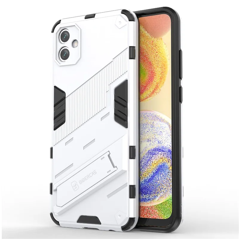 For Samsung Galaxy A04e 4G / F04 4G / M04 4G Shockproof Kickstand Case Soft TPU Hard PC Anti-fall Protective Phone Cover - White