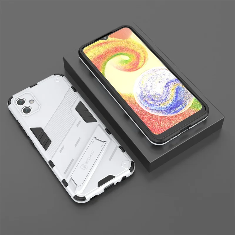 For Samsung Galaxy A04e 4G / F04 4G / M04 4G Shockproof Kickstand Case Soft TPU Hard PC Anti-fall Protective Phone Cover - White