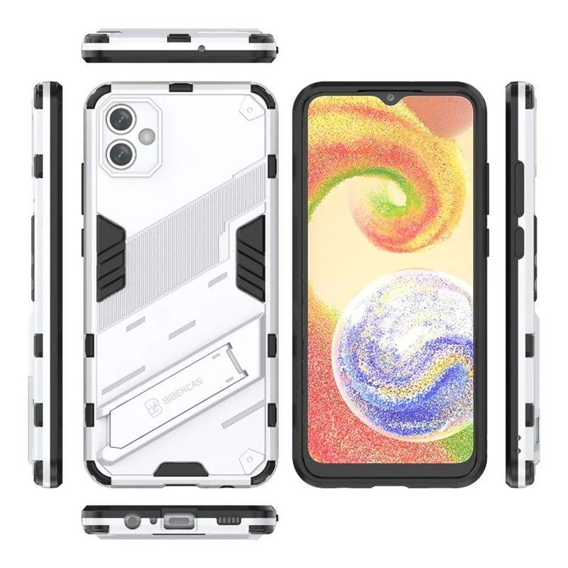 For Samsung Galaxy A04e 4G / F04 4G / M04 4G Shockproof Kickstand Case Soft TPU Hard PC Anti-fall Protective Phone Cover - White