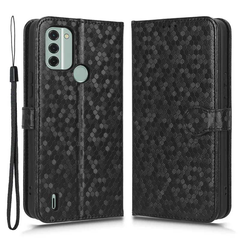 Para Nokia C31 4G Patrón de Punto Impreso Imprimido PU Cuero Flip Cover Willet Stand Function Teléfono Protector Con Correa - Negro