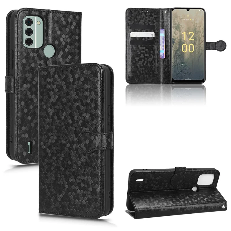 Para Nokia C31 4G Patrón de Punto Impreso Imprimido PU Cuero Flip Cover Willet Stand Function Teléfono Protector Con Correa - Negro