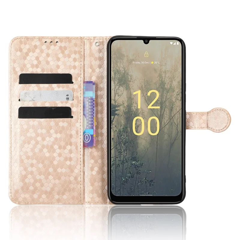 For Nokia C31 4G Dot Pattern Imprinted PU Leather Flip Cover Wallet Stand Feature Protective Phone Case with Strap - Rose Gold