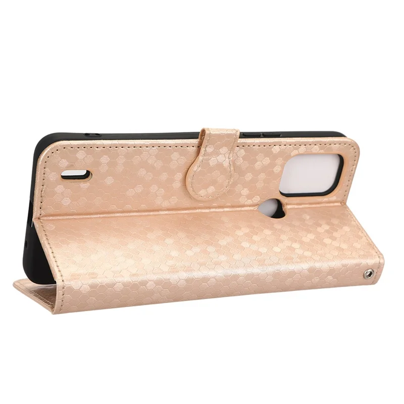 For Nokia C31 4G Dot Pattern Imprinted PU Leather Flip Cover Wallet Stand Feature Protective Phone Case with Strap - Rose Gold