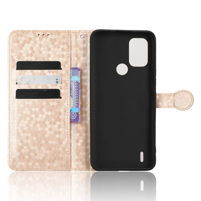 For Nokia C31 4G Dot Pattern Imprinted PU Leather Flip Cover Wallet Stand Feature Protective Phone Case with Strap - Rose Gold