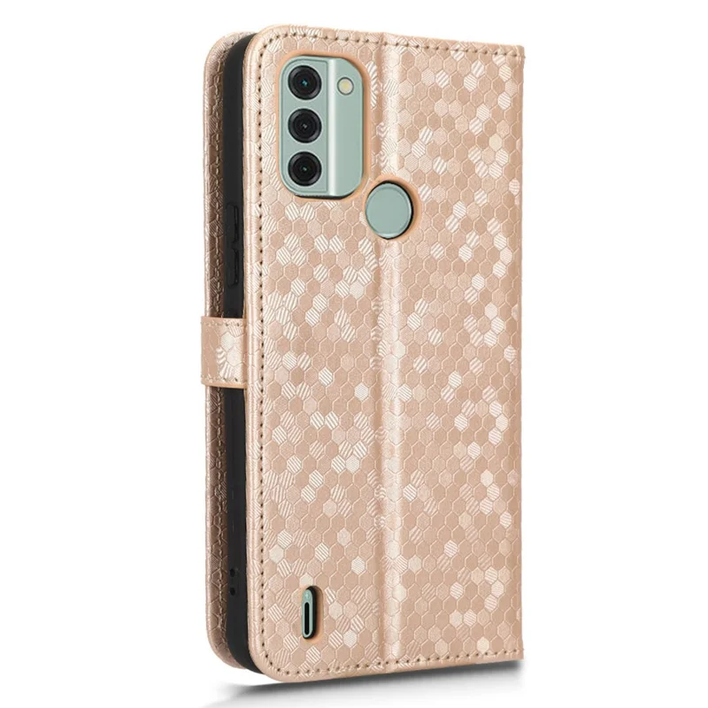 For Nokia C31 4G Dot Pattern Imprinted PU Leather Flip Cover Wallet Stand Feature Protective Phone Case with Strap - Rose Gold