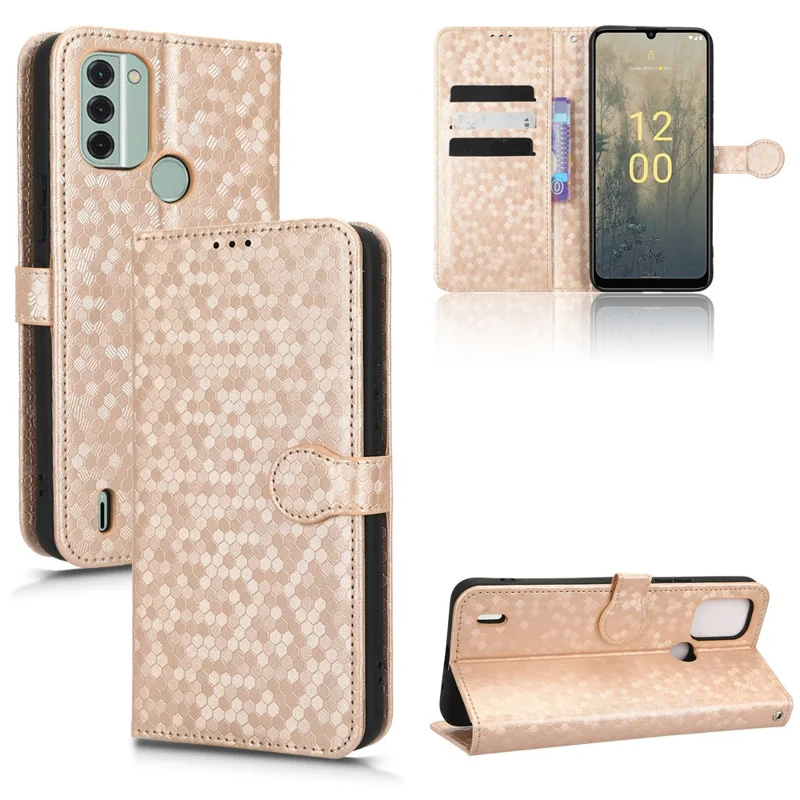 For Nokia C31 4G Dot Pattern Imprinted PU Leather Flip Cover Wallet Stand Feature Protective Phone Case with Strap - Rose Gold