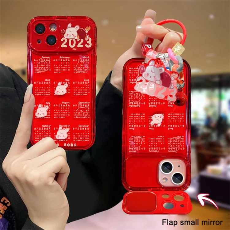 For iPhone 14 Plus Red Calendar TPU Phone Case with Flip Mirror and Chain Protective Phone Cover