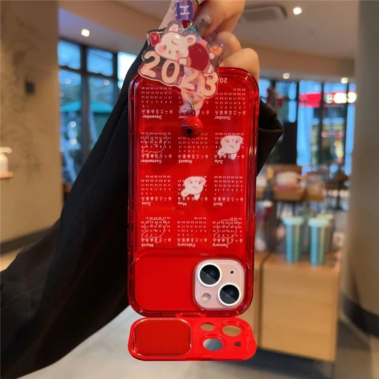 For iPhone 14 Plus Red Calendar TPU Phone Case with Flip Mirror and Chain Protective Phone Cover