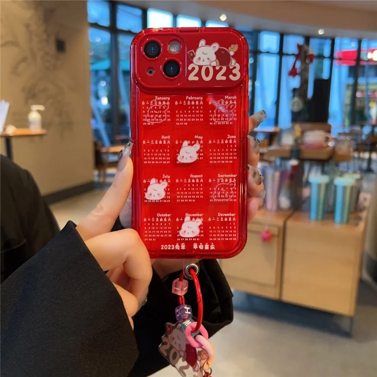 For iPhone 14 Plus Red Calendar TPU Phone Case with Flip Mirror and Chain Protective Phone Cover