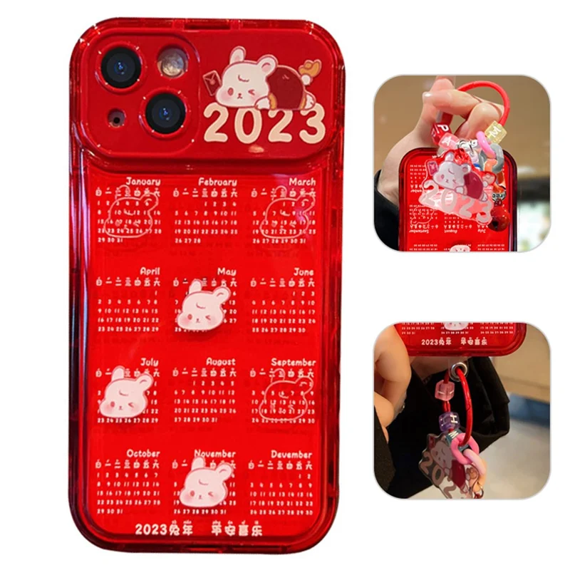 For iPhone 13 6.1 inch Drop-proof Red Calendar TPU Phone Case Mobile Phone Cover with Flip Mirror and Chain