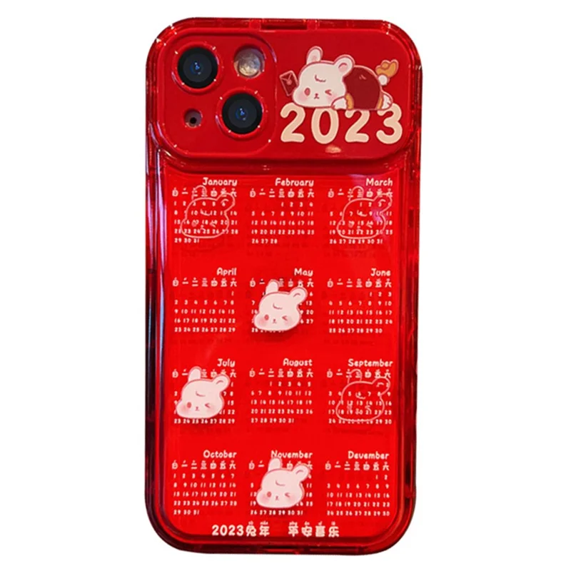 For iPhone 13 6.1 inch Drop-proof Red Calendar TPU Phone Case Mobile Phone Cover with Flip Mirror and Chain