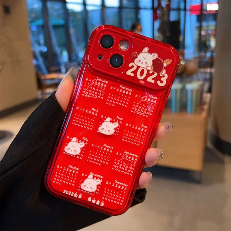 For iPhone 13 6.1 inch Drop-proof Red Calendar TPU Phone Case Mobile Phone Cover with Flip Mirror and Chain