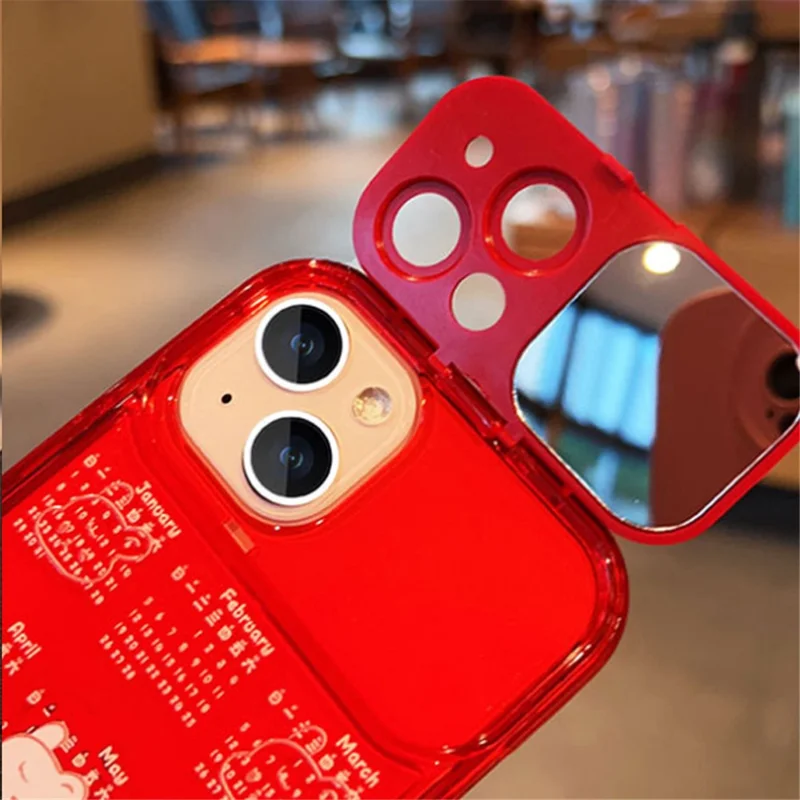 For iPhone 13 6.1 inch Drop-proof Red Calendar TPU Phone Case Mobile Phone Cover with Flip Mirror and Chain