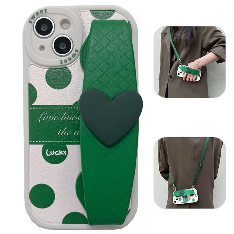 Pour Iphone 13 6,1 Pouces Love Heart Bravard Green Pat Match PU le Cuir en Cuir Revêtu de Téléphone TPU Couverture Arrière Avec Bandoulière Avec Bandoulière