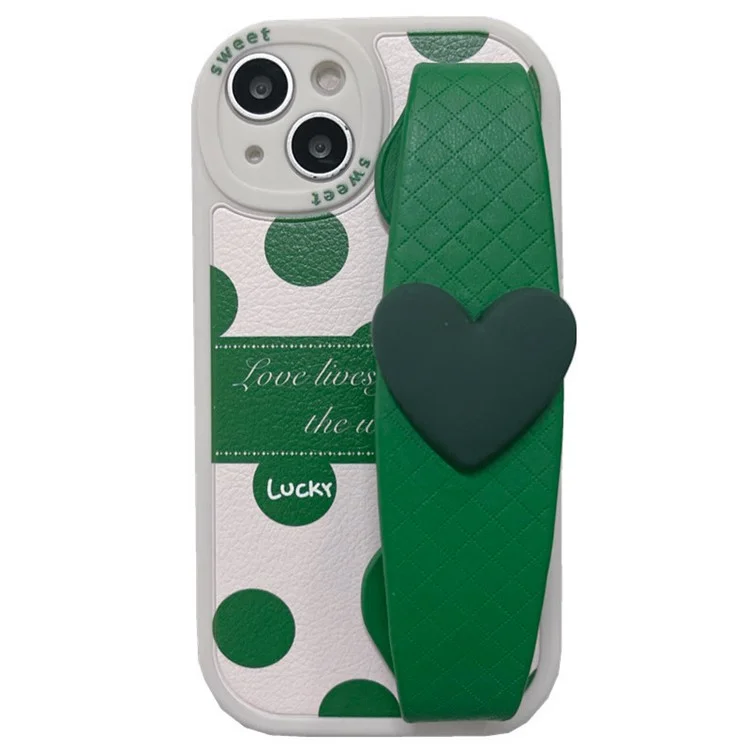Pour Iphone 13 6,1 Pouces Love Heart Bravard Green Pat Match PU le Cuir en Cuir Revêtu de Téléphone TPU Couverture Arrière Avec Bandoulière Avec Bandoulière