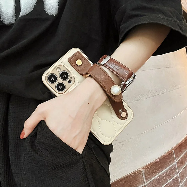 For iPhone 12 Pro 6.1 inch Bump Proof Rhombus Texture PU Leather Coated PC Hard Case Back Cover with Faux Pearl Wristband