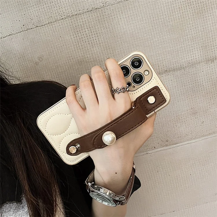 For iPhone 12 Pro 6.1 inch Bump Proof Rhombus Texture PU Leather Coated PC Hard Case Back Cover with Faux Pearl Wristband