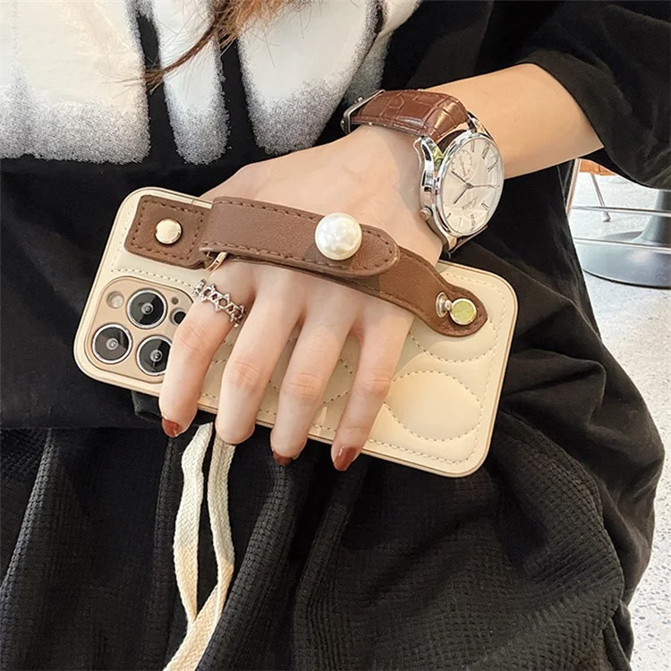 For iPhone 12 Pro 6.1 inch Bump Proof Rhombus Texture PU Leather Coated PC Hard Case Back Cover with Faux Pearl Wristband
