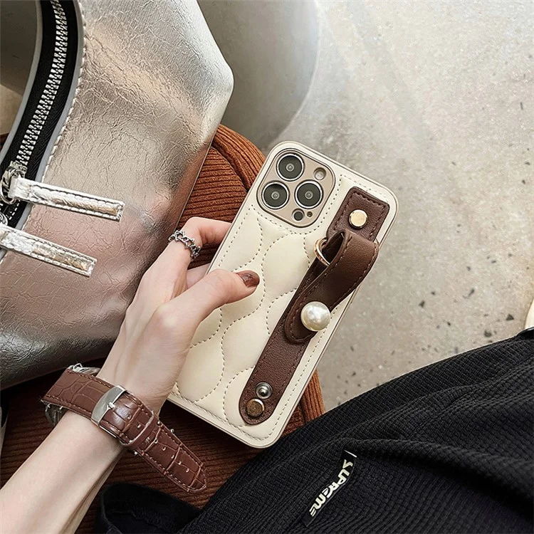 For iPhone 12 Pro 6.1 inch Bump Proof Rhombus Texture PU Leather Coated PC Hard Case Back Cover with Faux Pearl Wristband