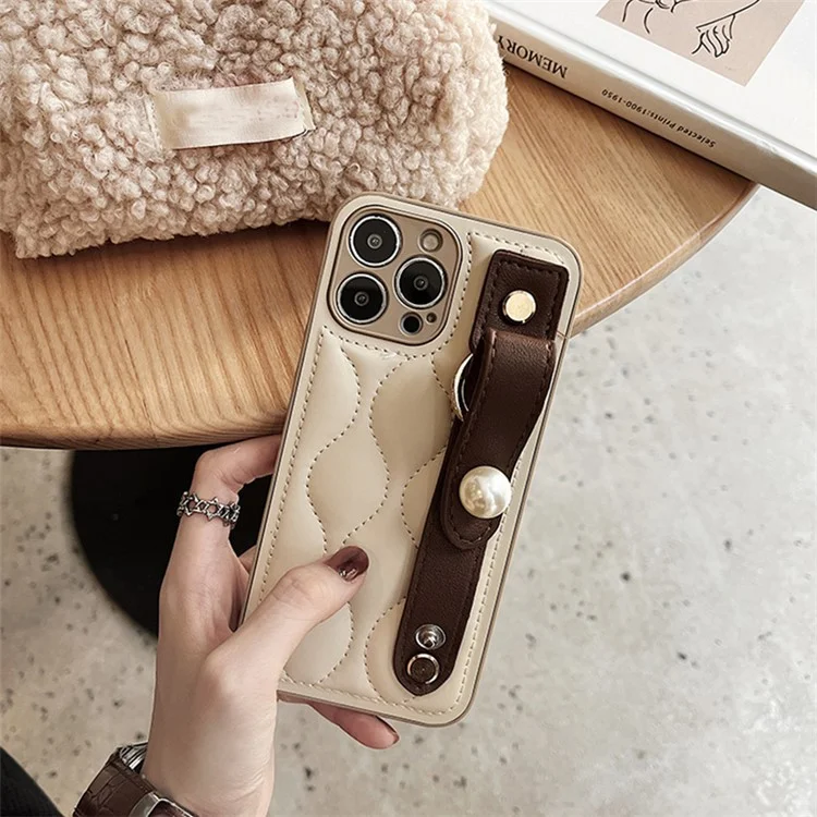For iPhone 12 Pro 6.1 inch Bump Proof Rhombus Texture PU Leather Coated PC Hard Case Back Cover with Faux Pearl Wristband