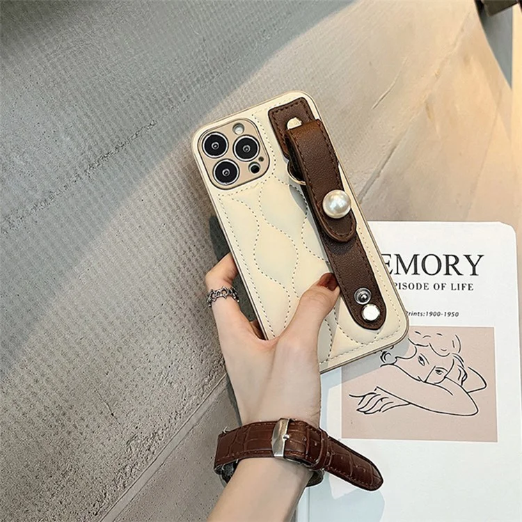 For iPhone 12 Pro 6.1 inch Bump Proof Rhombus Texture PU Leather Coated PC Hard Case Back Cover with Faux Pearl Wristband