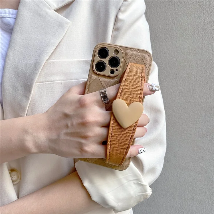 Cellphone Back Shell for iPhone 14 Pro, Rhombus Imprinted PU Leather Coated PC+TPU Phone Cover with Love Heart Wristband