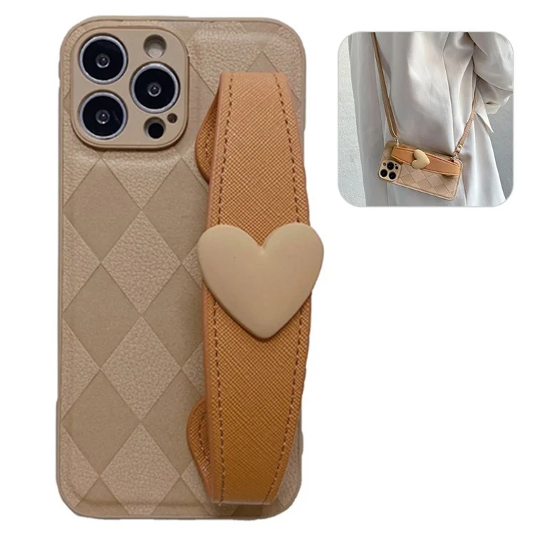 Para Iphone 12 Pro Max 6.7 Pulgadas de Amor Heart Wallband Otoño Proof Rhombus Impresión de PU Cubierta de Cuero Pu+tpu Tobado Tapa Back Shell Con Correa Para el Hombro