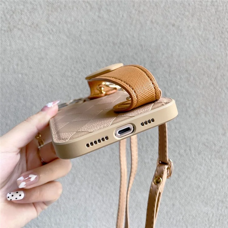 Para Iphone 12 Pro Max 6.7 Pulgadas de Amor Heart Wallband Otoño Proof Rhombus Impresión de PU Cubierta de Cuero Pu+tpu Tobado Tapa Back Shell Con Correa Para el Hombro
