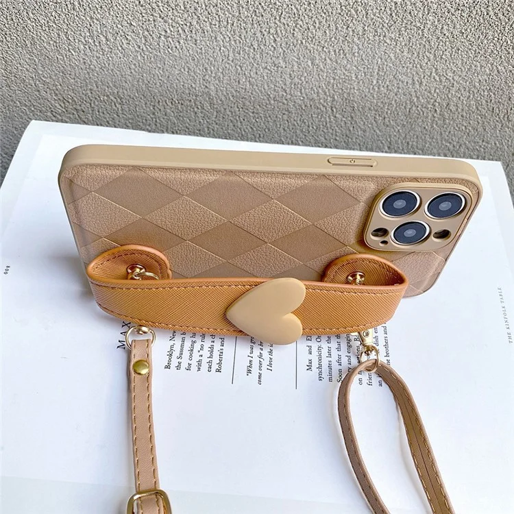 Para Iphone 12 Pro Max 6.7 Pulgadas de Amor Heart Wallband Otoño Proof Rhombus Impresión de PU Cubierta de Cuero Pu+tpu Tobado Tapa Back Shell Con Correa Para el Hombro