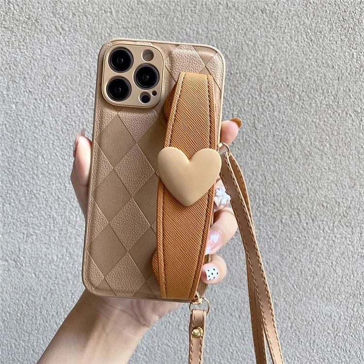 Para Iphone 12 Pro Max 6.7 Pulgadas de Amor Heart Wallband Otoño Proof Rhombus Impresión de PU Cubierta de Cuero Pu+tpu Tobado Tapa Back Shell Con Correa Para el Hombro