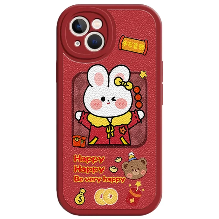 For iPhone 14 New Year Cartoon Rabbit PU Leather Coated TPU Phone Cover Shockproof Back Case - Be Very Happy
