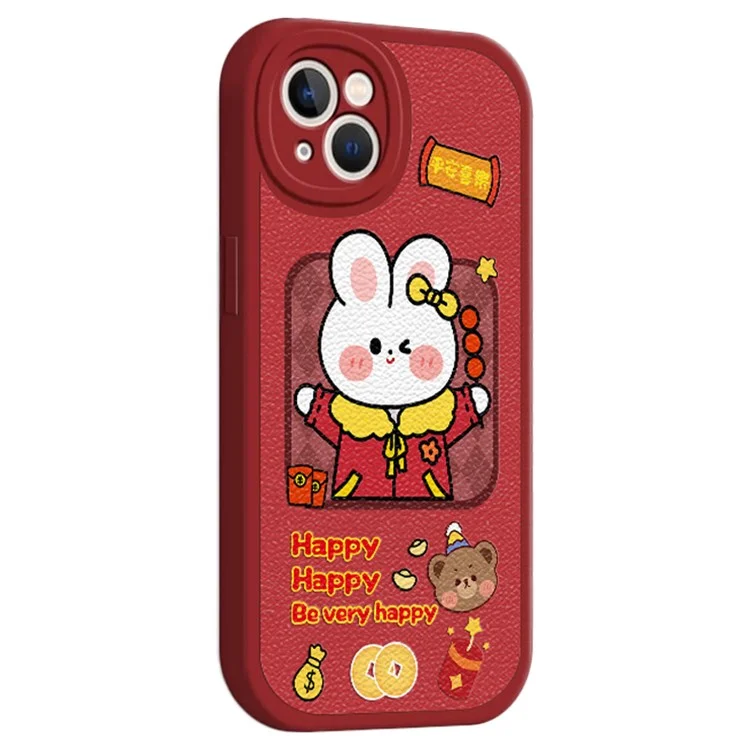 For iPhone 14 New Year Cartoon Rabbit PU Leather Coated TPU Phone Cover Shockproof Back Case - Be Very Happy