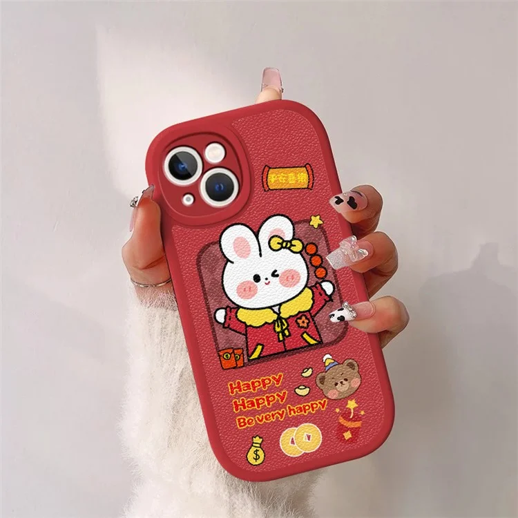 For iPhone 14 New Year Cartoon Rabbit PU Leather Coated TPU Phone Cover Shockproof Back Case - Be Very Happy