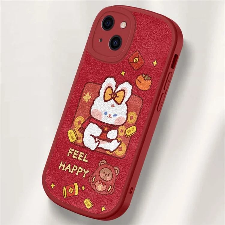 For iPhone 14 New Year Cartoon Rabbit PU Leather Coated TPU Phone Cover Shockproof Back Case - Be Very Happy