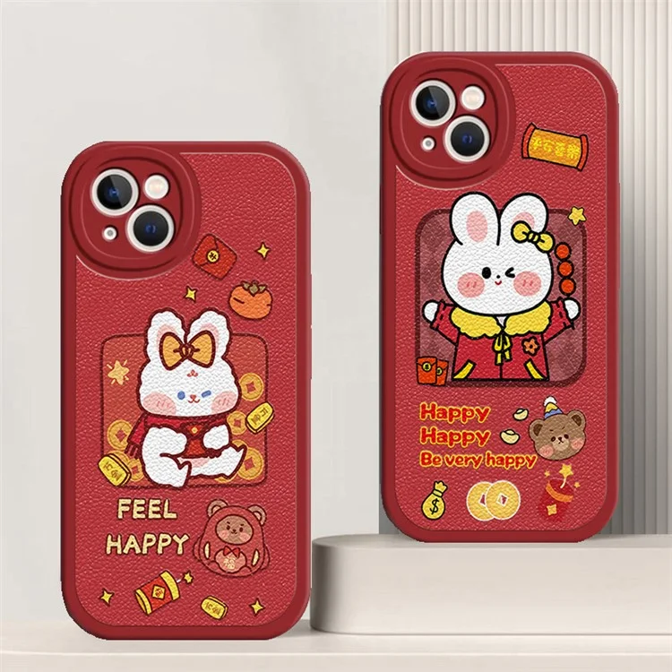 For iPhone 14 New Year Cartoon Rabbit PU Leather Coated TPU Phone Cover Shockproof Back Case - Be Very Happy