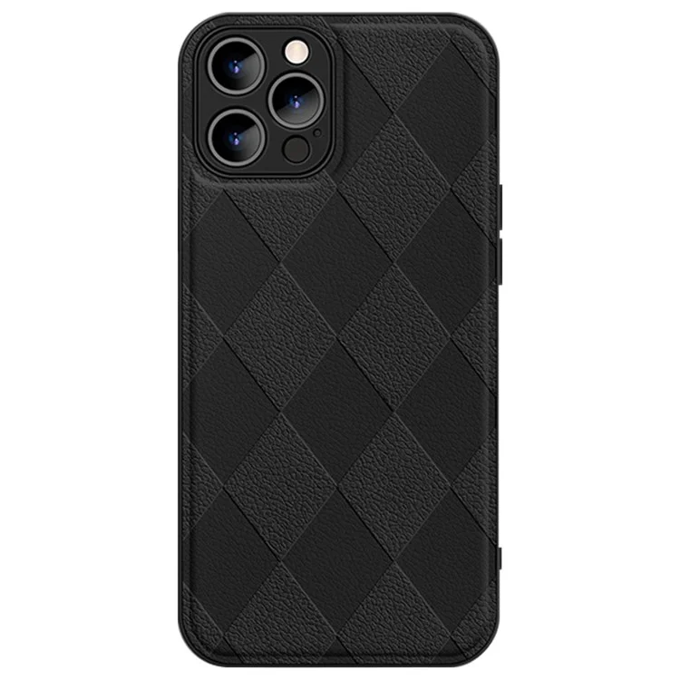 For iPhone 14 Pro Rhombus Imprinted PU Leather Coated PC+TPU Phone Cover Back Shell - Black