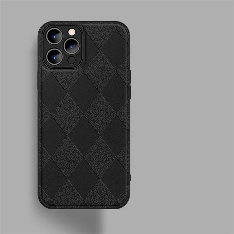 For iPhone 14 Pro Rhombus Imprinted PU Leather Coated PC+TPU Phone Cover Back Shell - Black