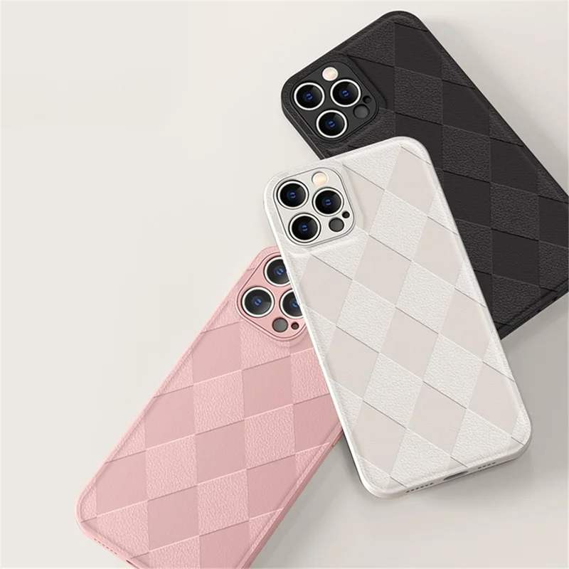 For iPhone 12 Pro 6.1 inch Fall Protection Rhombus Imprinted PU Leather Coated PC+TPU Phone Cover Back Shell - Pink