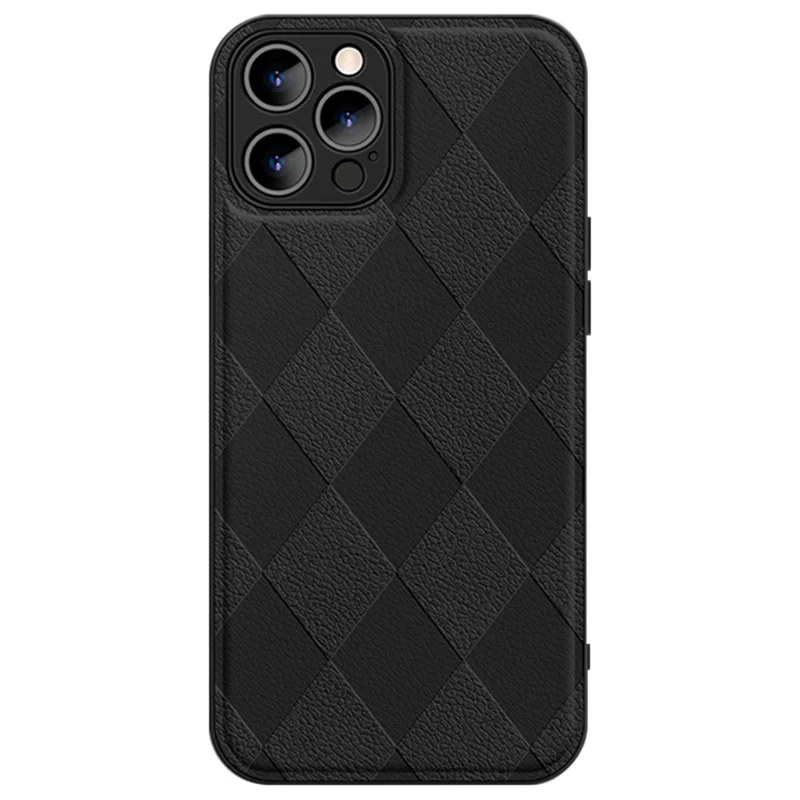 For iPhone 14 Pro Max Shockproof Rhombus Imprinted PU Leather Coated PC+TPU Phone Cover Back Shell - Black