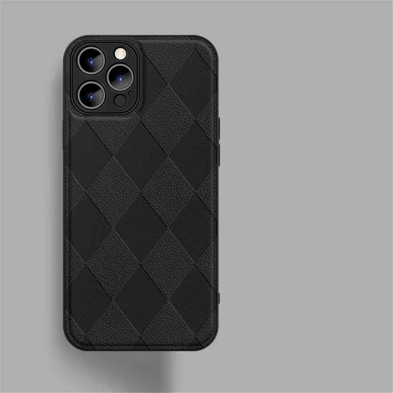 For iPhone 14 Pro Max Shockproof Rhombus Imprinted PU Leather Coated PC+TPU Phone Cover Back Shell - Black