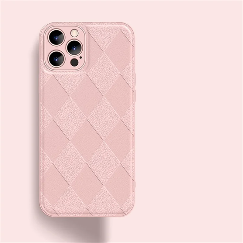 For iPhone 14 Pro Max Shockproof Rhombus Imprinted PU Leather Coated PC+TPU Phone Cover Back Shell - Pink
