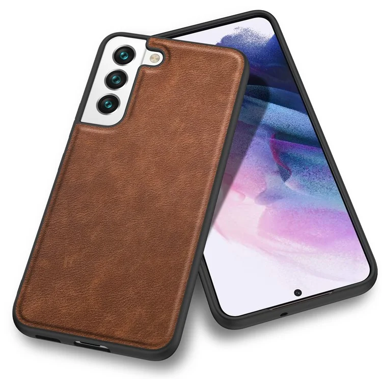 Phone Case for Samsung Galaxy S23+, Retro Style Solid Color PU Leather Coated TPU+PC Phone Cover - Brown